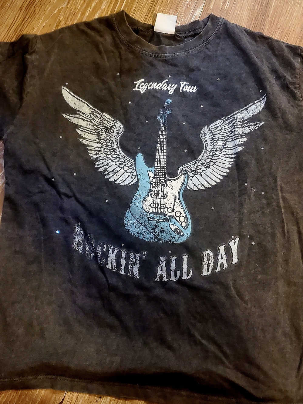 Zara Grey Short Sleeve Rock N Roll Tee with Blue Winged Guitar & Rhinestones